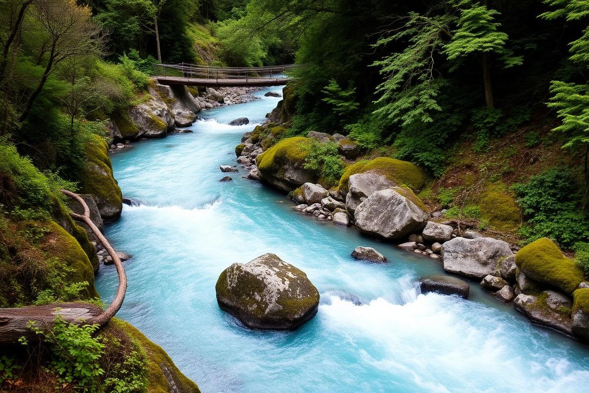 Turquoise Hokitika Gorge river running through native bush beneath a swing bridge